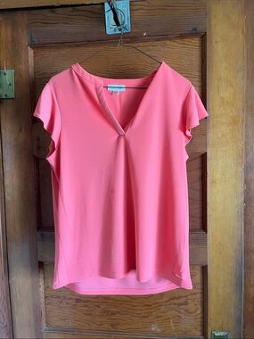 Calvin Klein Coral Pink V-Neck Flutter Sleeve Blouse